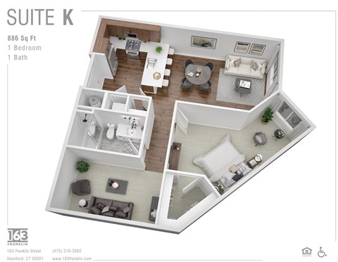 Floor plan for 1 bed, 1 bath, 886 sqft